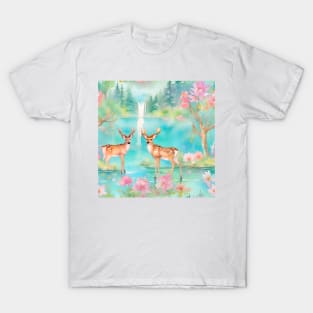 Deer and a waterfall, watercolor painting T-Shirt